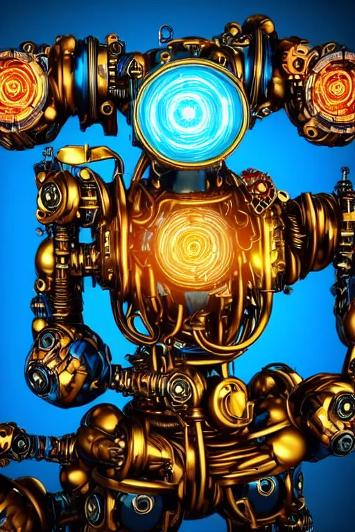 Image similar to portrait photo of a giant huge golden and blue metal steampunk robothead covered with multicolored machine parts and gears and tubes, eyes are glowing red lightbulbs, shiny crisp finish, 3 d render, 8 k, insaneley detailed, fluorescent colors, background is multicolored lasershow