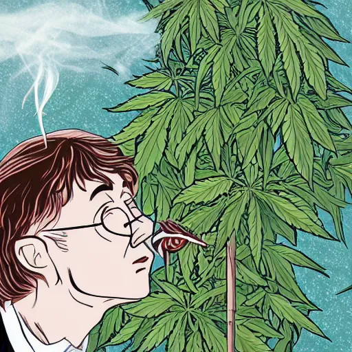 Image similar to harry potter smoking weed, surrounded by weed plants, joints falling from sky, smoke everywhere, fire smoke dense red eyes, eating weed leaf, weed flying everywhere
