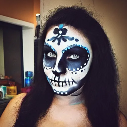 Image similar to a woman with face paint of a skull. full body. photo. detailed. photography. trending on instagram.