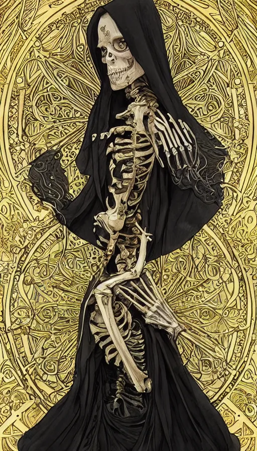 Image similar to a skeleton in a black cloak, highly detailed, very intricate, art nouveau, gold filigree, left right symmetry, tarot concept art watercolor illustration by mandy jurgens and alphonse mucha and alena aenami, featured on artstation