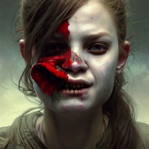 Image similar to portrait painting of horrifyingly disfigured vampire girl wearing battered vietnam fatigues, ultra realistic, concept art, intricate details, eerie, highly detailed, photorealistic, octane render, 8 k, unreal engine. art by artgerm and greg rutkowski and charlie bowater and magali villeneuve and alphonse mucha