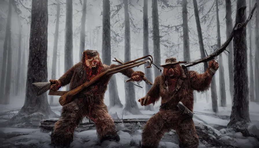 Prompt: lumberjack with his axe against a zombie bear in a snowy forest, hyperdetailed, artstation, cgsociety, 8 k