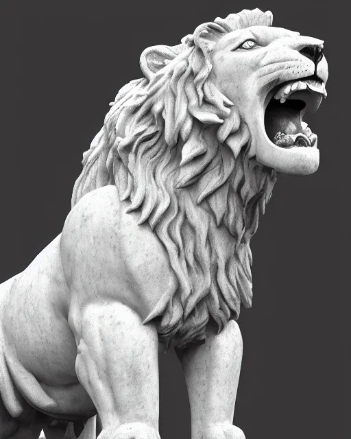 Image similar to a marble statue of a roaring lion, hyper realistic, 4 k, grainy marble, hyper detailed