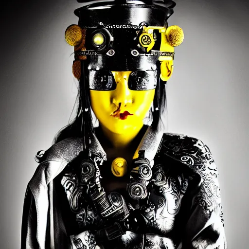 Prompt: female samurai, defiant, cyberpunk, vibrant yellow colors, surreal, french baroque style by alexander mcqueen, hyper detailed, realistic cinematic, leica 1 9 2 0 s photography portrait, black and white