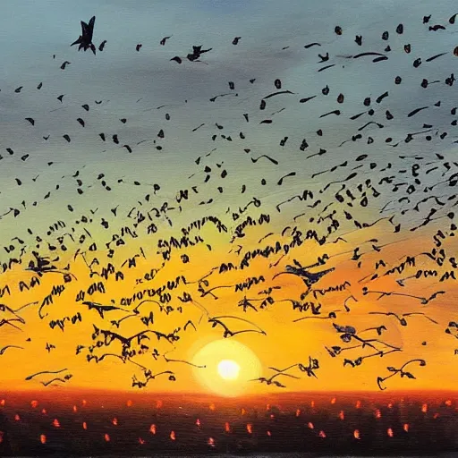 Image similar to a painting of a beautiful flock of crows flying at sunset, trending on artstation, masterpiece