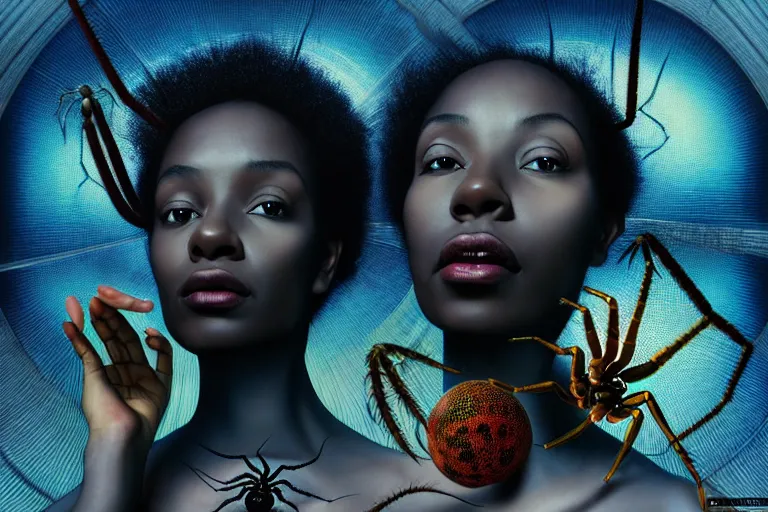 Image similar to realistic detailed photorealistic film portrait shot of a beautiful black woman with a giant spider, sci-fi city landscape background by Denis Villeneuve, Amano, Yves Tanguy, Alphonse Mucha, Ernst Haeckel, Max Ernst, Andrei Tarkovsky, Edward Robert Hughes, Roger Dean, necklace, dynamic pose, rich moody colours, wide angle, blue eyes