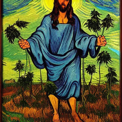 Image similar to jesus spreads his hands against the background of growing cannabis. an oil painting in the style of van gogh