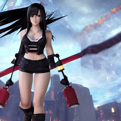 Image similar to a giant giga sized tifa from final fantasy 7 remake having fun destroying a city while smiling, digital art, octane render, award winning, very detailed, full body portrait, 3d render, detailed facial expressions, destroyed city, 4k destruction, fire, video game art, no text, ray tracing, slow motion glitter sparkles in the air, powerful, chakra attack, good composition
