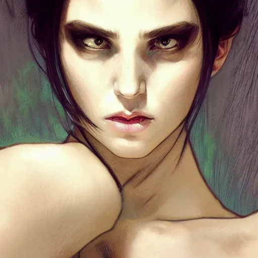 Image similar to angry girl, portrait, ice magic, long face, sharp features, black hair, dark robe, art by artgerm and greg rutkowski and alphonse mucha, trending on artstation, cinematic light, pastel colors, volumetric shading, high radiosity dull skin, global illumination, radiant light, soft light, soft color dodge, subsurface scattering