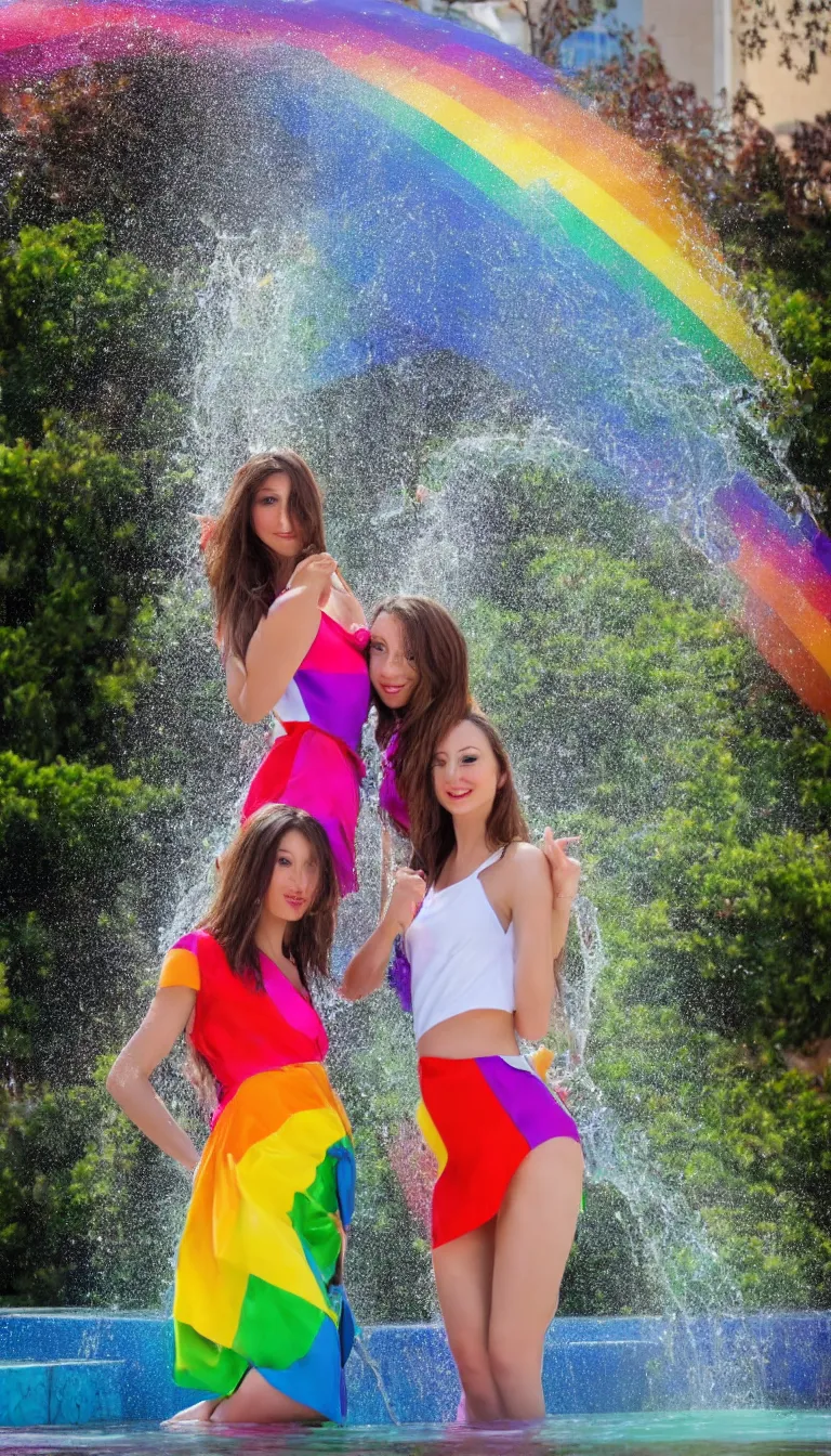 Prompt: 2 Beautiful women under the rainbow fountain, very beautiful, attractive, 4k,