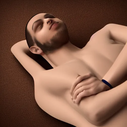 Image similar to a person lying supine. the person is wearing clothes. the person's body is visible. photorealistic, 8 k
