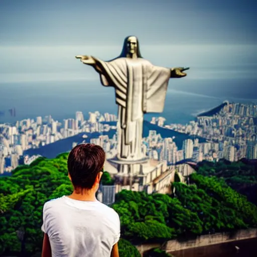 Image similar to high quality portrait of a monkey in front of Christ The Redeemer, studio photograph, photograph, realistic photo, 8k photo, 4k photo, stock photo, high resolution, cinematic shot, high detail