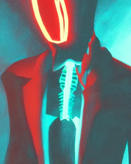 Prompt: dramatic cyberpunk portrait of a skeleton in a suit, red green blue color glow, atmospheric haze, intense shading, optic ripple, backlit, centered