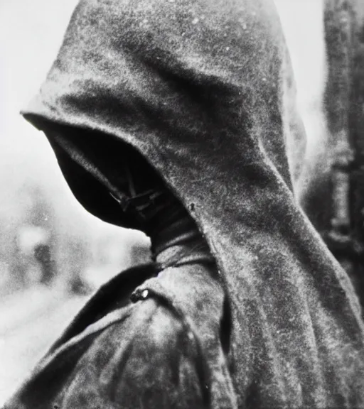 Prompt: a man wearing hooded mask at distance, ww1 film photo, grainy, high detail, high resolution