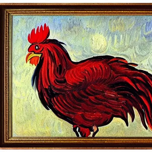 Image similar to bright red oil painting of a rooster, Vincent van Gogh