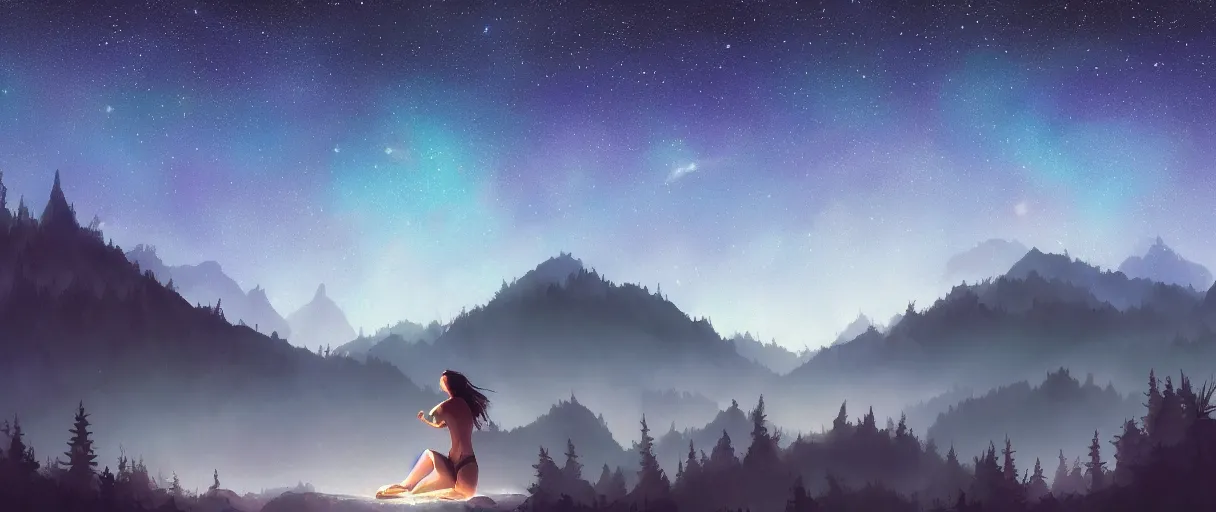 Prompt: digital painting of a ultra detailed night sky with constellations, detailed very beautiful girl swimming in a blue pool, Perseides meteor shower, ultra detailed hill top over behind a forest, large mountains in back, concept art, low angle, high detail, warm lighting, volumetric, godrays, vivid, beautiful, trending on artstation, by Jordan Grimmer, no focus, huge scene, ultra detailed trees, F11 aperture, in the style of JIM RICHARDSON