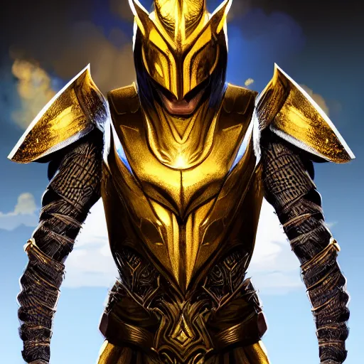 Prompt: a highly detailed character portrait of a man wearing a epic golden armor with glowing blue eyes concept art
