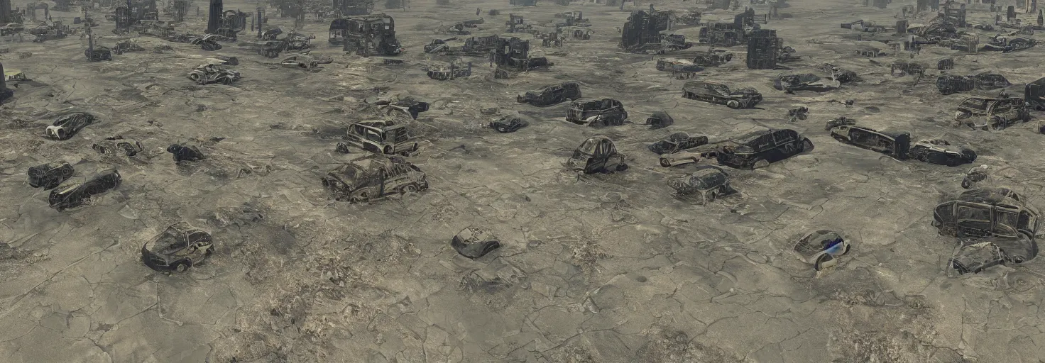 Prompt: wastelands by a sunny day, year 2 3 5 9, after a nuclear outcome, detailed ground, smooth and high resolution, unique bus wreck, impacts, clear atmosphere