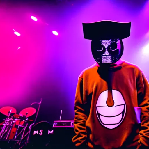 Prompt: cartoon mf doom on a stage with a full band behind him