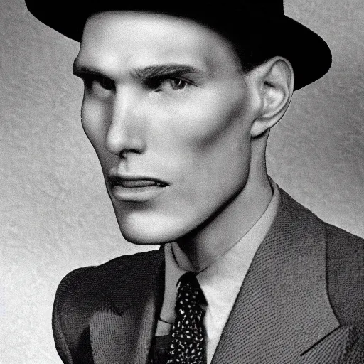 Image similar to A photograph portrait of Jerma985 wearing a suit with and fedora in the 1940s, taken in the early 1940s, grainy, taken on a 940s Kodak Camera, realistic, hyperrealistic, very realistic, highly detailed, very detailed, extremely detailed, detailed, digital art, trending on artstation