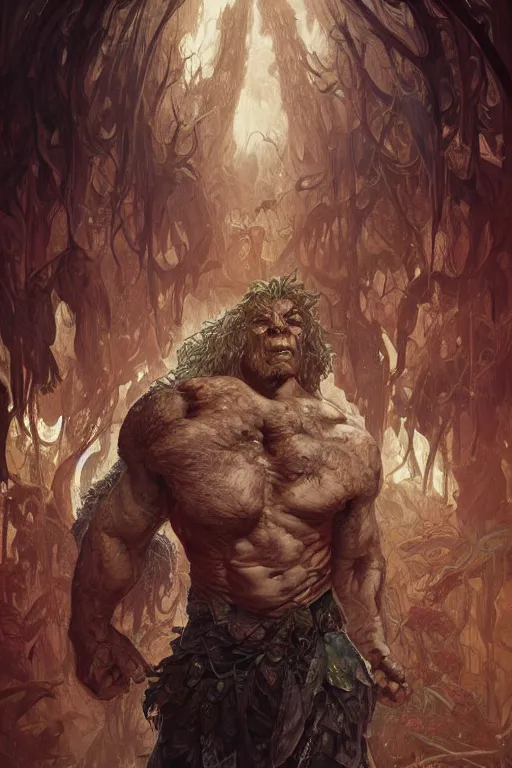 Image similar to portrait of boris jhonson as a hulking herculean demon, forest, godlike, full body, fantasy, intricate, elegant, highly detailed, digital painting, artstation, concept art, sharp focus, illustration, art by artgerm and greg rutkowski and alphonse mucha