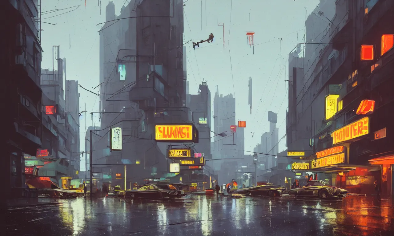 Prompt: photorealistic streetscape, simple brutalist architecture, metal, concrete, wet streets, white neon lights, colorful neon signs, flying vehicles, pedestrians, greg rutkowski, syd mead, ralph mcquarrie, concept art, matte painting, finely detailed, minimal artifacts, rule of thirds, dynamic lighting, cinematic, denoised, centered, artstation