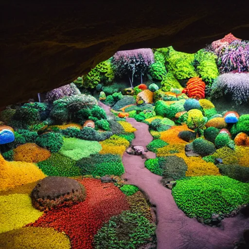 Prompt: a colorful fungus garden in a cave, birds eye view, Hiroo Isono, dark, foggy, cavern, shy beetles, river running through it