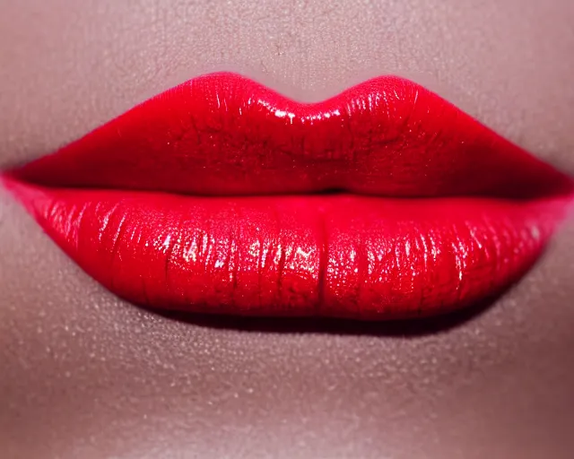 Image similar to big plump lips with red lipgloss reflecting on the surface. closeup