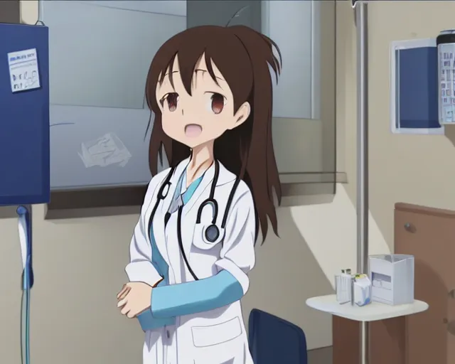 Image similar to a cute young female doctor wearing white coat are talking to a little body in a hospital, slice of life anime, anime scenery by Makoto shinkai