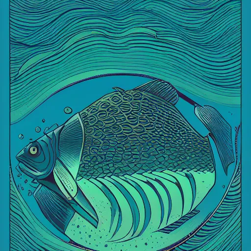 Image similar to profile of one stylized fish in center of view, dark ocean, complex patterns, artstation, intricate, realistic, highly detailed, digital painting, concept art, sharp focus, illustration by tom whalen and charles williams and kilian eng and james jean