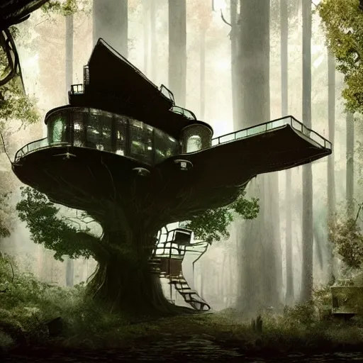 Image similar to a scifi tree house in a dark dystopia forest
