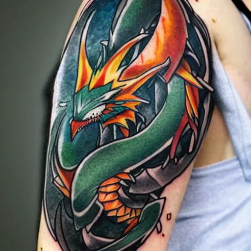 Image similar to simple anime manga full color dragon!! Emerald and obsidian dragon, forearm tattoo, tattoo