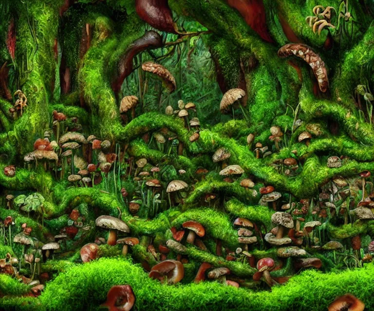 Image similar to a rainforest made of mushrooms, moss, and vines in the style of anti - art trending on artstation deviantart pinterest detailed high resolution hd 8 k