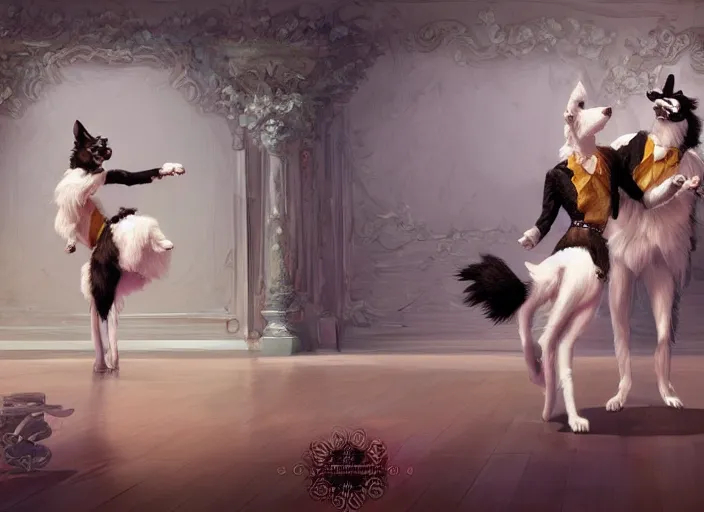 Image similar to wide shot painting of a male anthropomorphic border collie fursona dancing with a cute female anthropomorphic sheep fursona in a ballroom, beautiful, intricate, elegant, realistic proportions, highly detailed, scenic background, trending on artstation, art by charlie bowater and henry asencio and and ross tran