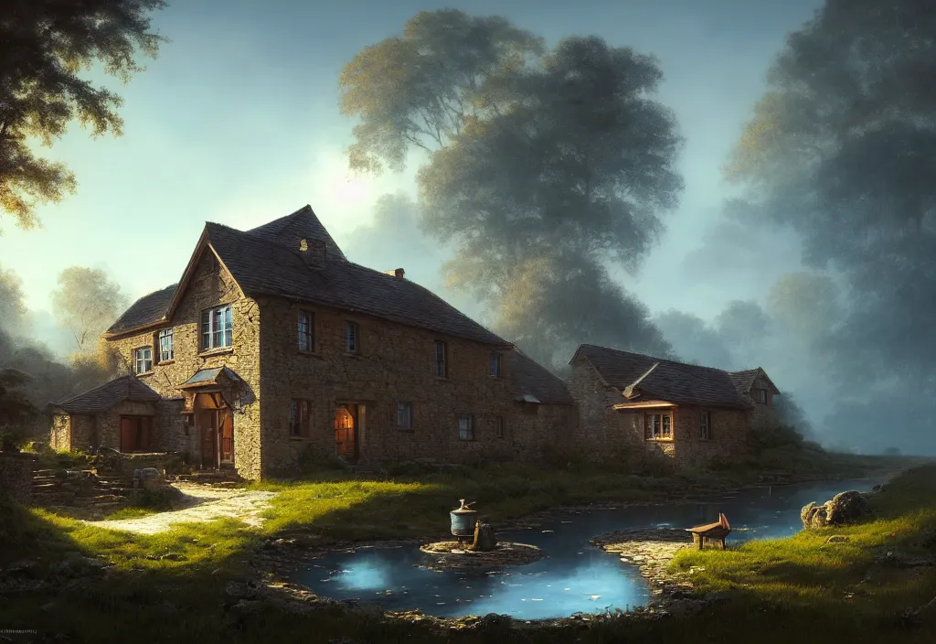 Image similar to a small georgion country house with a gravel path and small fishpond, cinematic view, blue sky, detailed, concept art, high angle, high detail, warm lighting, volumetric, godrays, vivid, trending on artstation, by jordan grimmer, art greg rutkowski