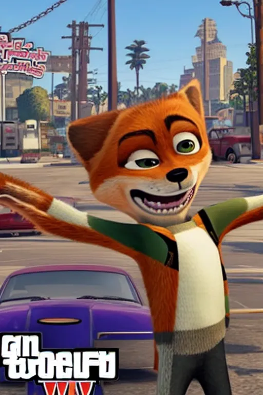 Image similar to Grand Theft Auto: San Andreas loading screen featuring Nick Wilde (from Zootopia)