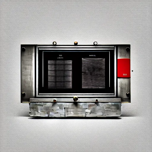 Image similar to an old, filthy, broken, 1960s-era, retro device, made of brushed steel, for displaying recipes, digital pong screen, set on a kitchen counter, dramatic constrasting light, redshift render, but as high contrast photography, featured on behance, golden ratio, f32, well composed, cohesive, from the show X-Files