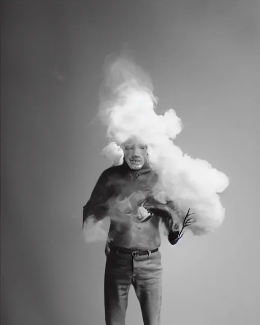 Image similar to a man who's head is turning into a puff of smoke, annie liebowitz, black and white