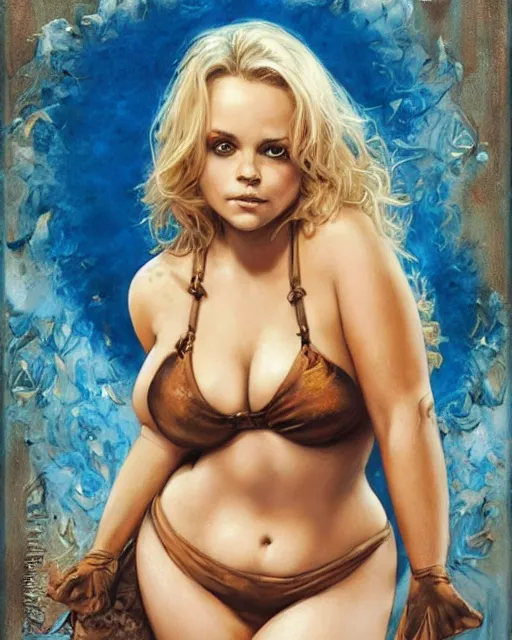 Image similar to a very obese christina ricci, gorgeous bikini model, oil on aged tin, inked lines, beautiful blue eyes, blonde hair. by karol bak and alain aslan and charlie bowater and artgerm.