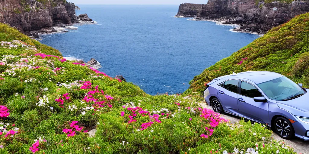 Prompt: A honda civic sitting on a sea cliff, surrounded by flowers