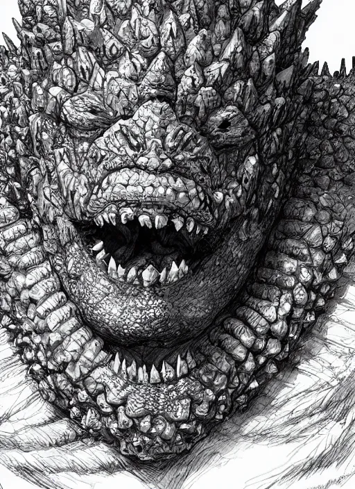 Prompt: close up portrait of a fat blue godzilla wearing a dog collar, powerful, domineering, stoic, intense, ultrafine hyperdetailed illustration by kim jung gi, irakli nadar, intricate linework, sharp focus, octopath traveler, yoji shinkawa, highly rendered, detailed, concept art