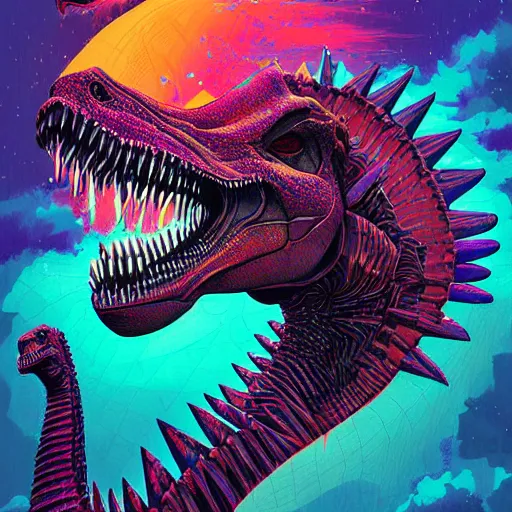 Prompt: a synthwave dinosaur by android jones