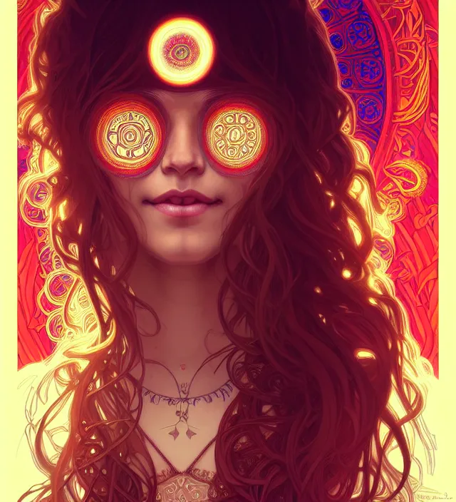 Image similar to symmetry!! portrait of hippie girl smiling, glowing eyes!! psychedelic, intricate, elegant, highly detailed, digital painting, artstation, concept art, smooth, sharp focus, illustration, art by artgerm and greg rutkowski and alphonse mucha, 8 k