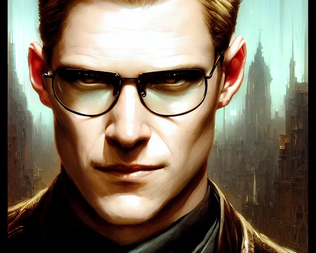 Image similar to highly detailed portrait of albert wesker, in the matrix, stephen bliss, unreal engine, fantasy art by greg rutkowski, loish, rhads, ferdinand knab, makoto shinkai and lois van baarle, ilya kuvshinov, rossdraws, tom bagshaw, global illumination, radiant light, detailed and intricate environment