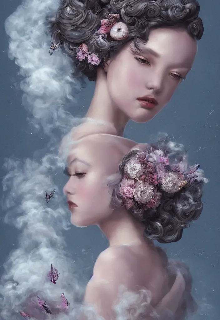 Prompt: beautiful, haunting young woman made out of smoke and clouds, in renaissance times, detailed gorgeous face, flowing hair and gown, vaporwave aesthetic, synthwave long luxurious gown made out of pearls, hair done up with flowers and ribbons, digital art, butterflies, birds, digital painting, artstation, concept art, smooth, sharp focus, illustration, art by artgerm and greg rutkowski and alphonse mucha