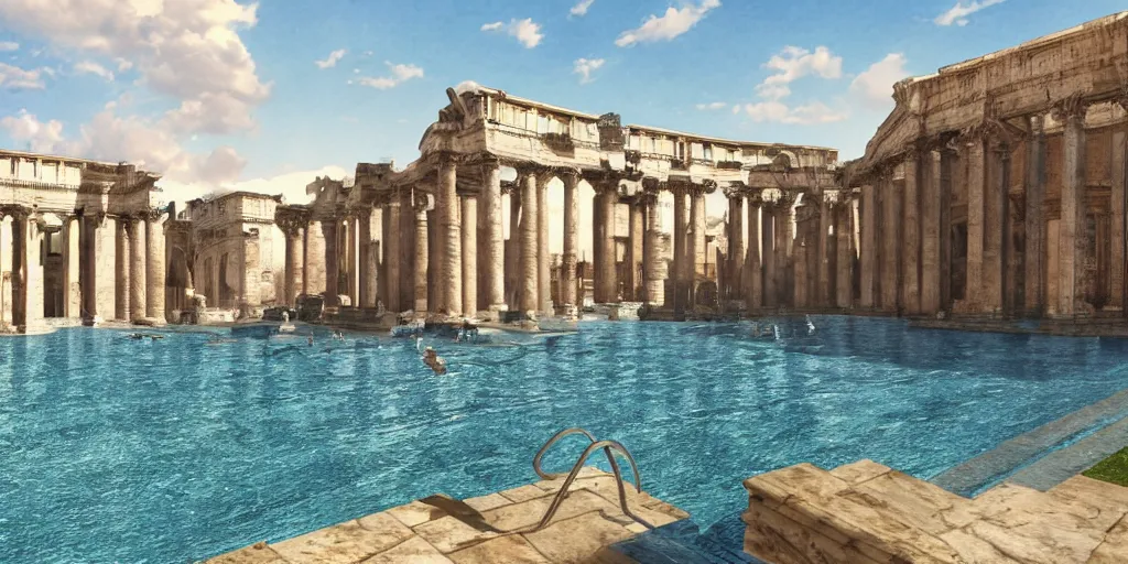 Image similar to a detailed photorealistic picture of an elegant pool in ancient Rome, shot in wide angle, photorealistic lighting, ultra detailed