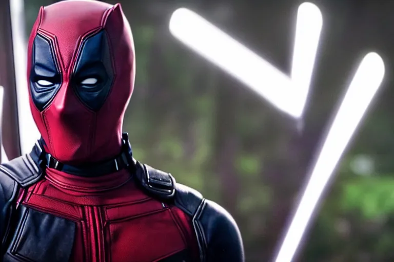 Image similar to a still of hugh jackman in deadpool, cinematic lighting, lens flare, shallow depth of field