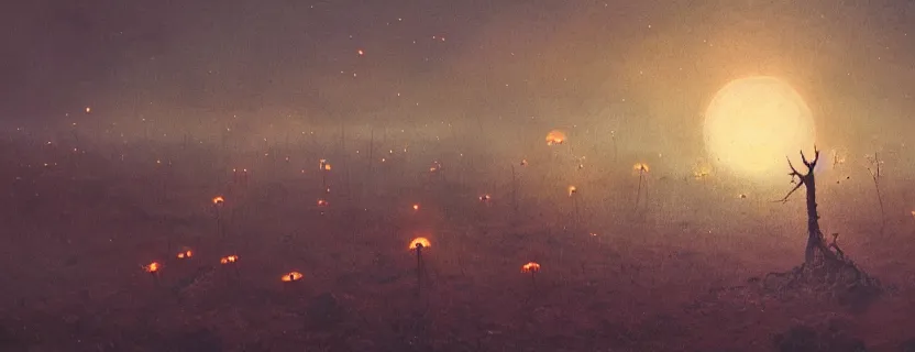 Prompt: landscape photo of mysteriously adorned skulls with fireflies in a barren landscape, by Beksinski and Greg Rutkowski and Giger and Lovecraft, cinematic, cinematic lighting, 4K, trending on artstation, photorealistic, cineovision