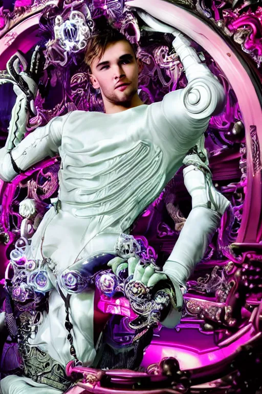 Prompt: full-body rococo and cyberpunk style neon statue of a muscular attractive Liam Payne macho dotado e rico android sim roupa reclining con las piernas abertas e la piroca dura, glowing white laser eyes, prince crown of pink gears, diamonds, swirling silver-colored silk fabric. futuristic elements. full-length view. space robots. human skulls. intricate artwork by caravaggio. Trending on artstation, octane render, cinematic lighting from the right, hyper realism, octane render, 8k, depth of field, 3D