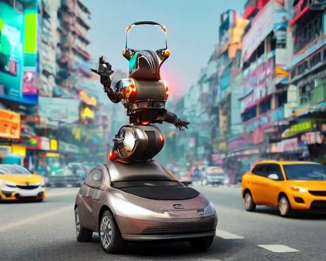 Image similar to A cyborg duck directing traffic in a busy street in India. Sharp focus, futuristic style, cyberpunk, volumetric lighting, 8K high definition, highly detailed, trending on artstation